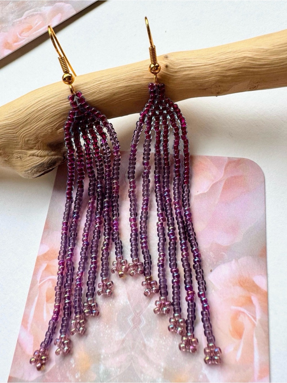Handmade Beaded Fringe Earrings in Deep Purple with Gold Hooks